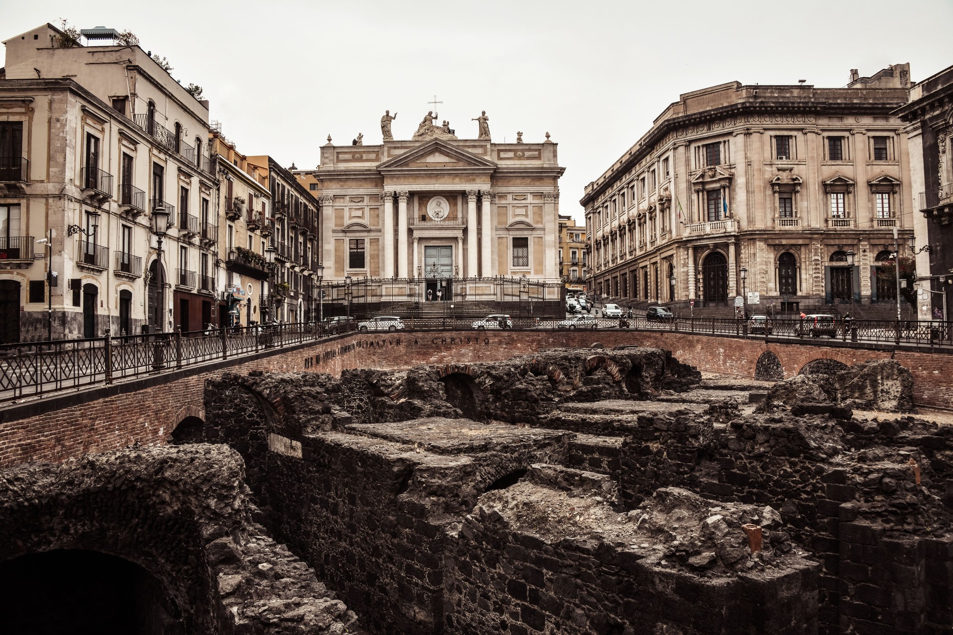 Chiesa di San Biagio in Sant'Agata alla Fornace and roman amphitheater In Catania, Sicily, Italy