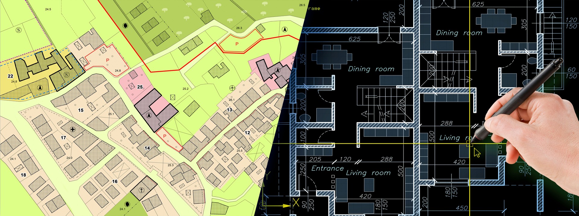 Building Permit concept in buildings activity and construction Iindustry with residential building project, imaginary cadastral map and General Urban Plan